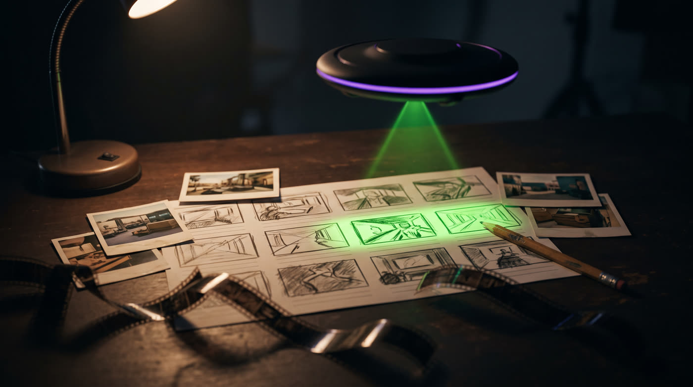A drone scanning a storyboard with a green beam