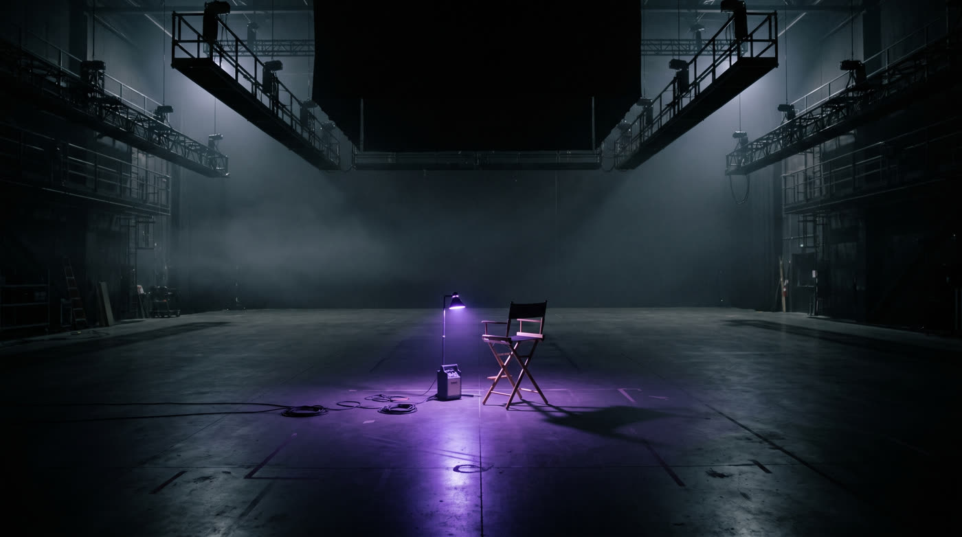 An empty stage with a single director’s chair