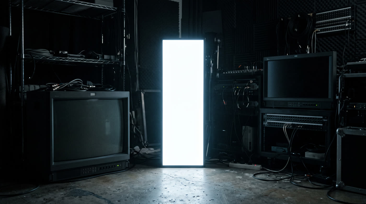 A vertical light panel among switched-off screens