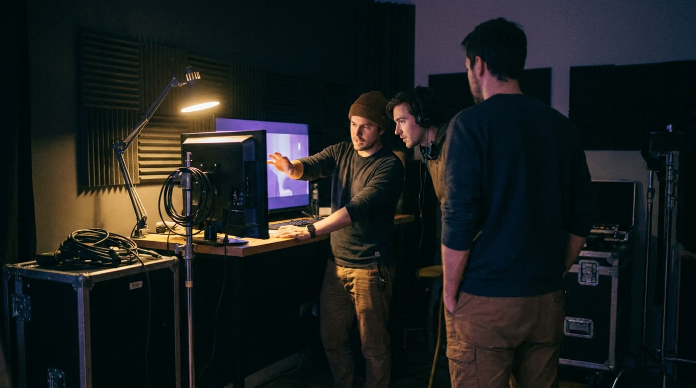 The crew reviewing footage on a monitor in the studio